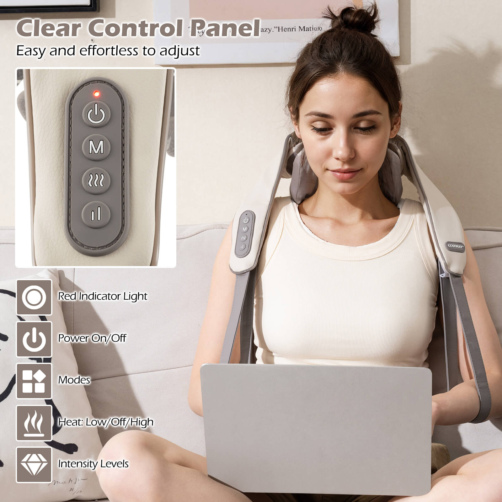 Neck Shoulder Massager 4D Tissue Kneading Shiatsu with 2 Heating Levels-Beige