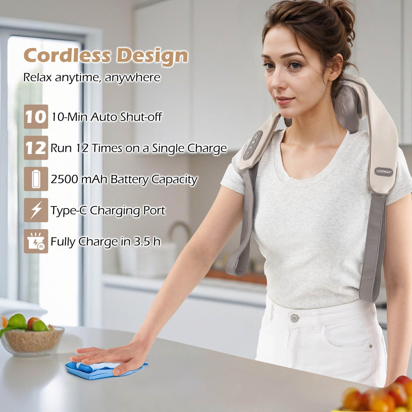 Neck Shoulder Massager 4D Tissue Kneading Shiatsu with 2 Heating Levels-Beige