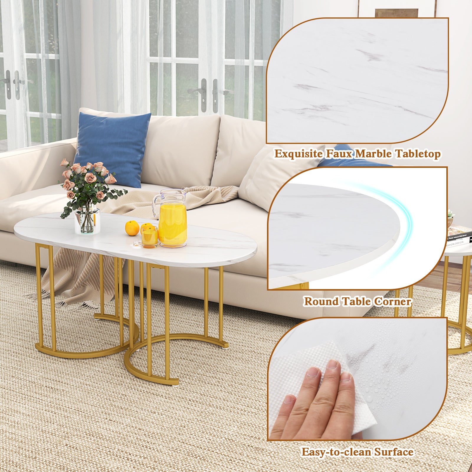 Nesting Coffee Table Set of 3 with Faux Marble Tabletop for Living Room-White