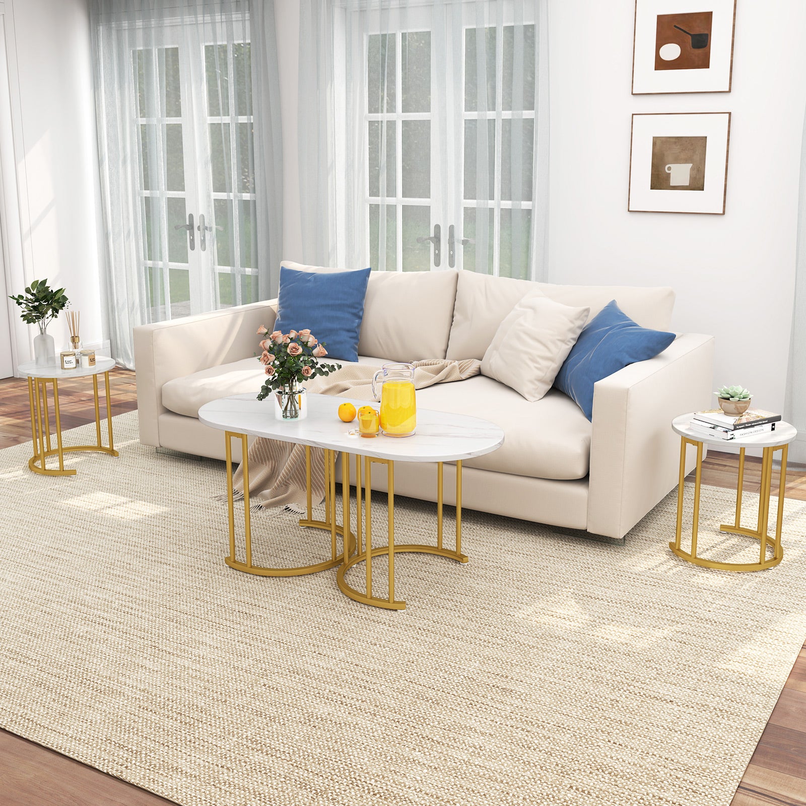 Nesting Coffee Table Set of 3 with Faux Marble Tabletop for Living Room-White