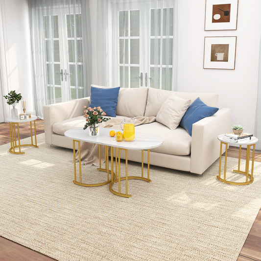 Nesting Coffee Table Set of 3 with Faux Marble Tabletop for Living Room-White