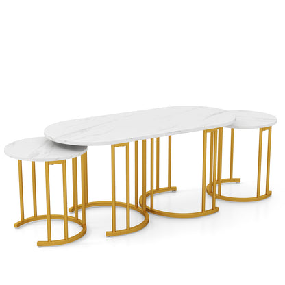 Nesting Coffee Table Set of 3 with Faux Marble Tabletop for Living Room-White