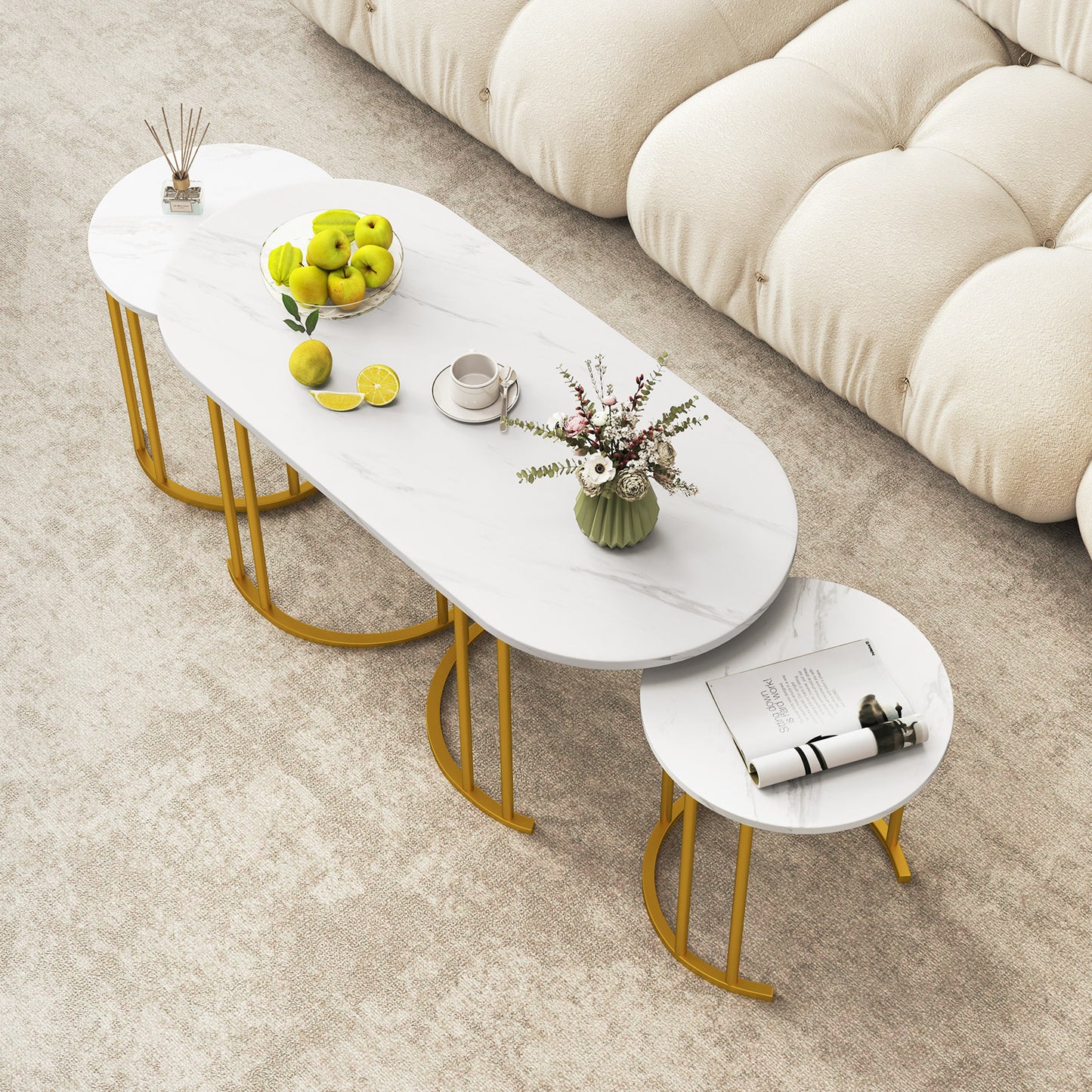 Nesting Coffee Table Set of 3 with Faux Marble Tabletop for Living Room-White