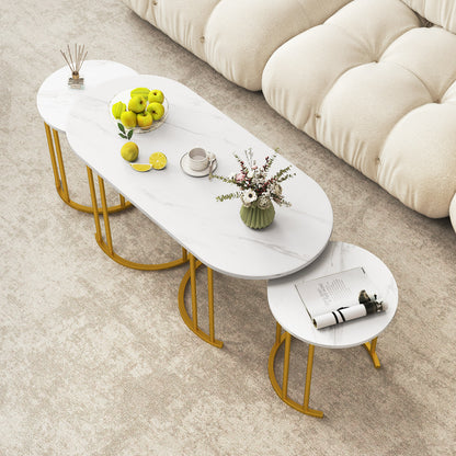 Nesting Coffee Table Set of 3 with Faux Marble Tabletop for Living Room-White
