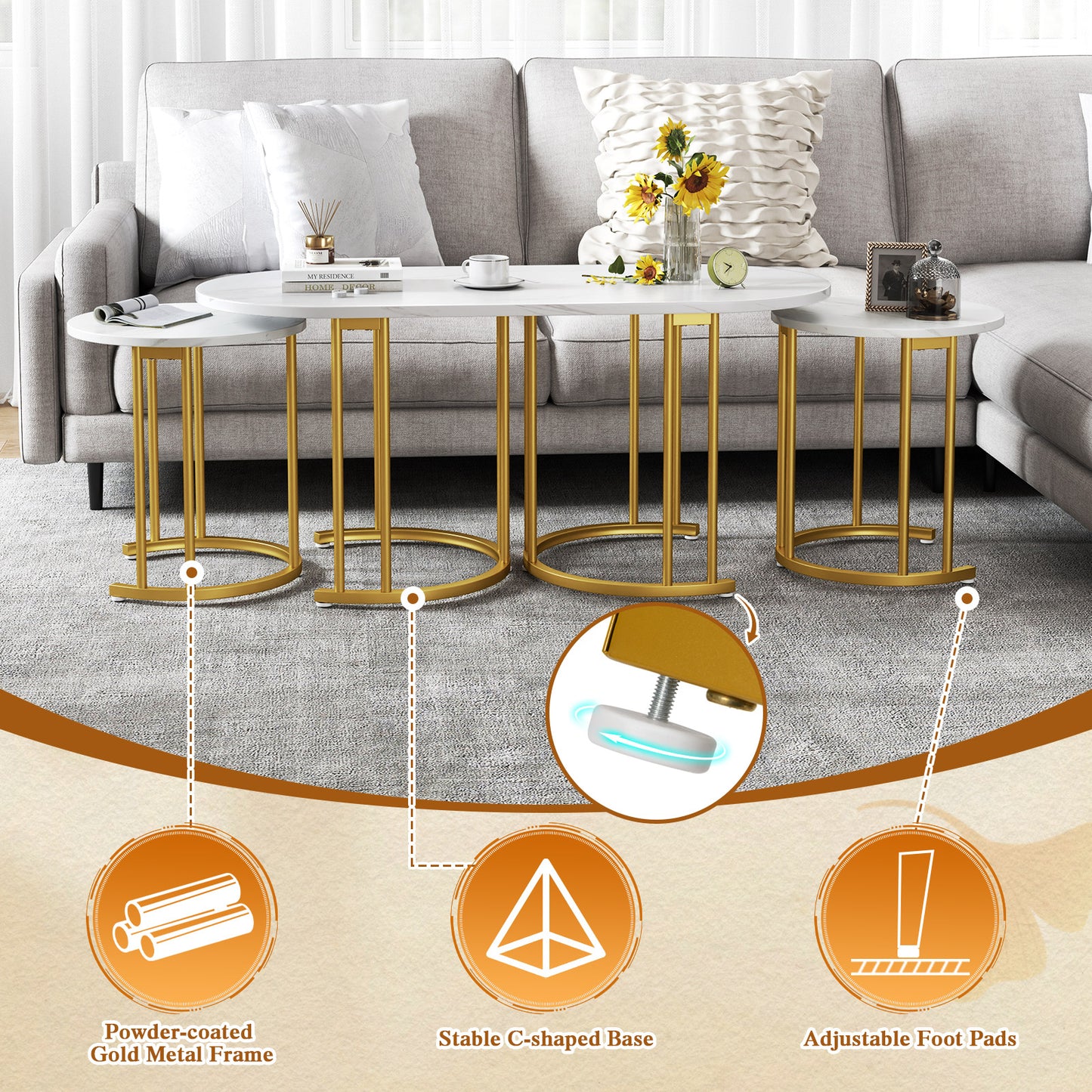 Nesting Coffee Table Set of 3 with Faux Marble Tabletop for Living Room-White