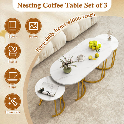 Nesting Coffee Table Set of 3 with Faux Marble Tabletop for Living Room-White