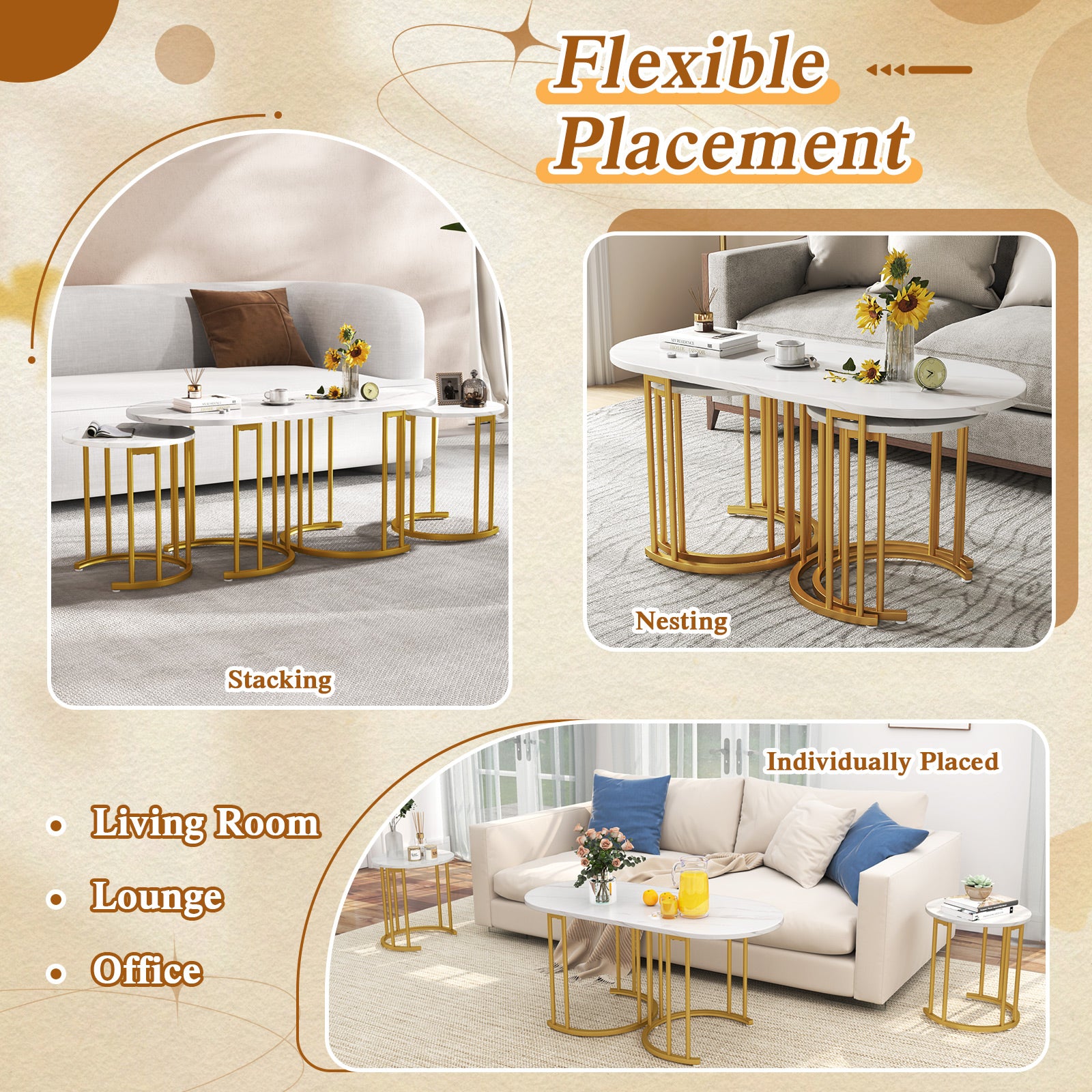 Nesting Coffee Table Set of 3 with Faux Marble Tabletop for Living Room-White
