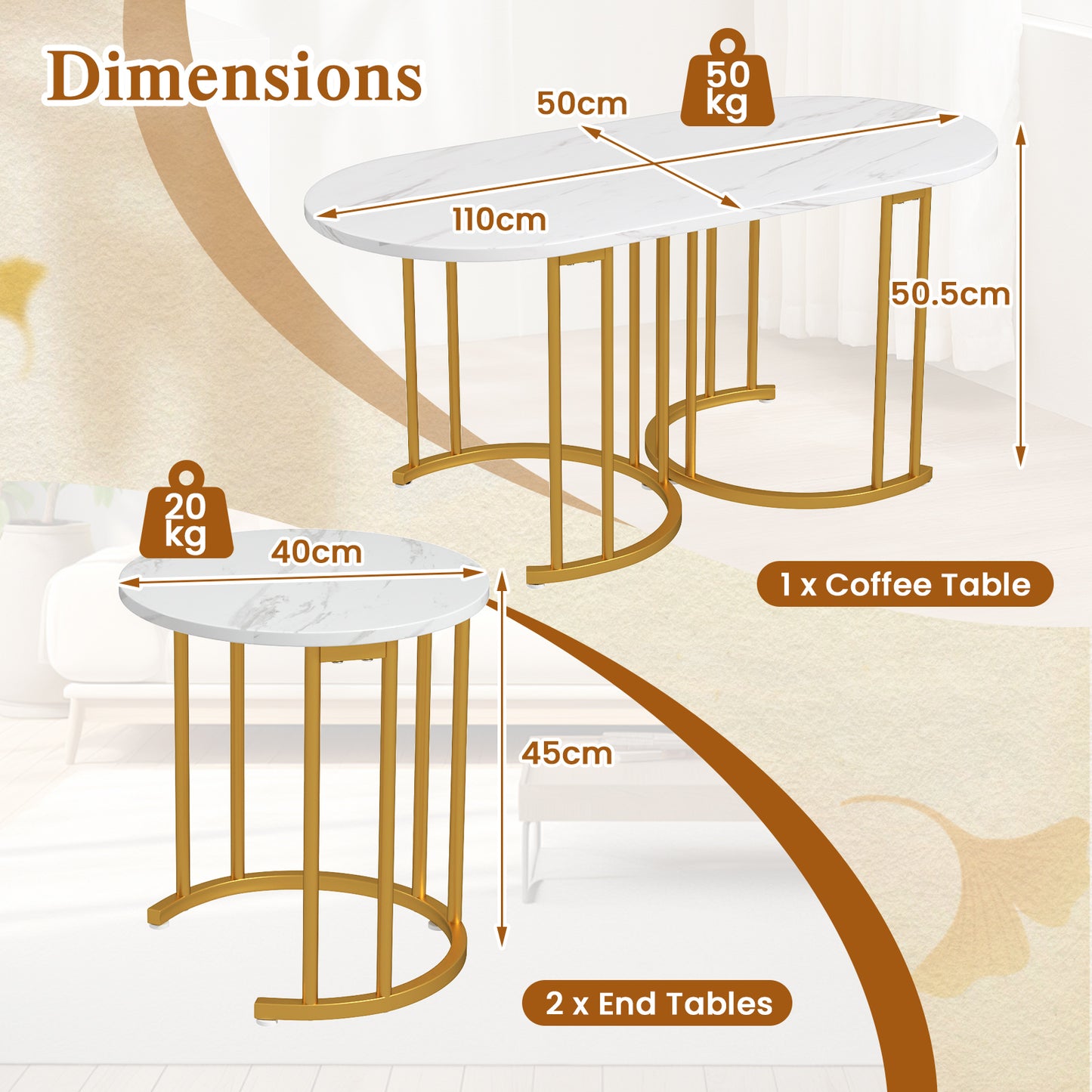 Nesting Coffee Table Set of 3 with Faux Marble Tabletop for Living Room-White