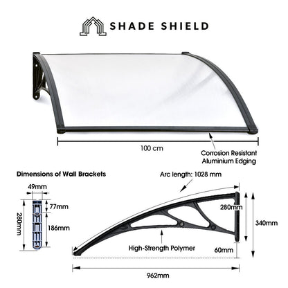 1x1m Black Exterior Awning - UV & Rain Protection Polycarbonate Canopy