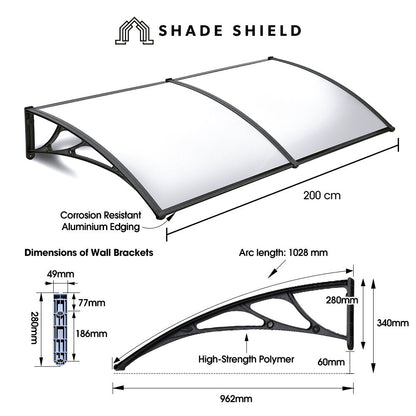 2x1m Black Exterior Awning - UV & Rain Protection Polycarbonate Canopy Cover