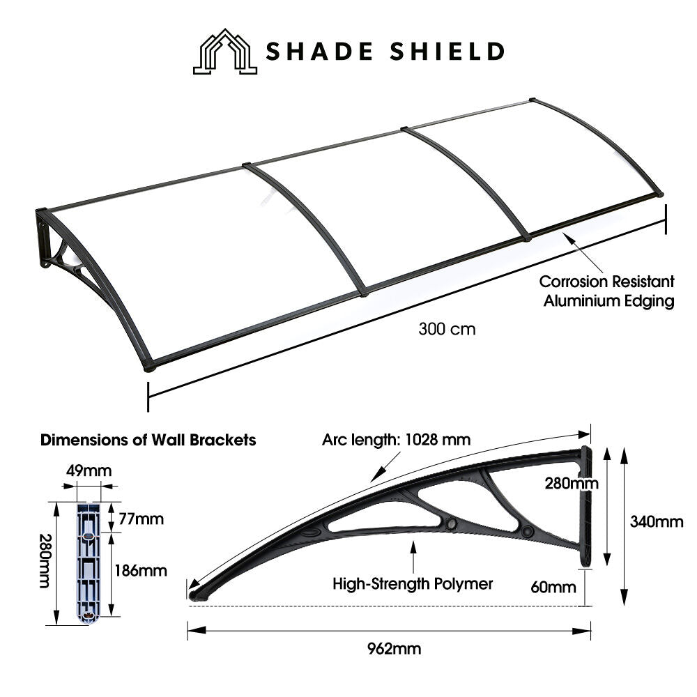 3x1m Exterior Awning, Black Polycarbonate Canopy for UV & Rain Protection