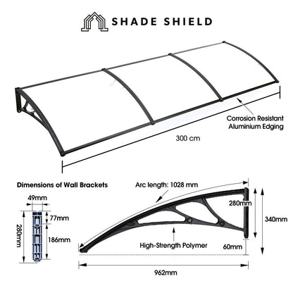 3x1m Exterior Awning, Black Polycarbonate Canopy for UV & Rain Protection