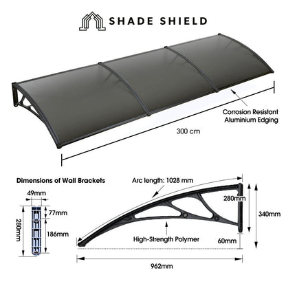 3x1m Black Exterior Awning with UV & Rain Protection, DIY Polycarbonate Cover