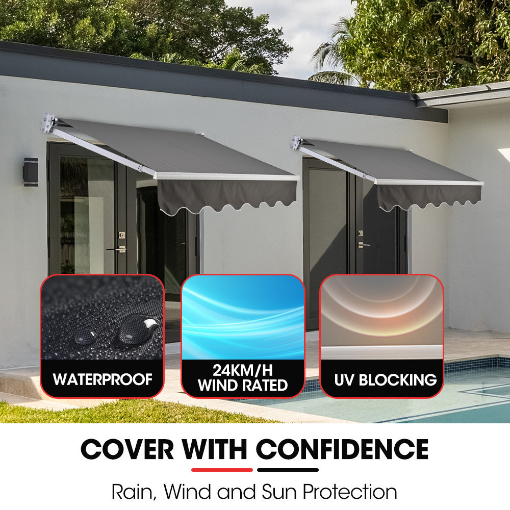 Retractable 2m x 1.5m Grey Awning, Powder Coated Aluminium Frame with Hand Crank