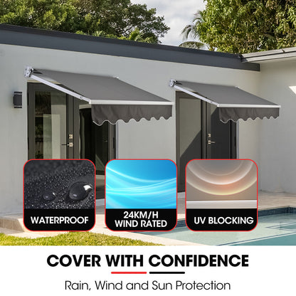 Retractable 2m x 1.5m Grey Awning, Powder Coated Aluminium Frame with Hand Crank