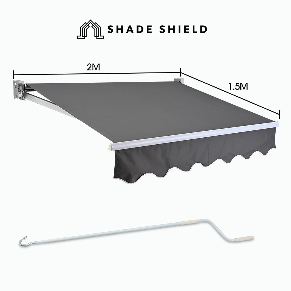 Retractable 2m x 1.5m Grey Awning, Powder Coated Aluminium Frame with Hand Crank