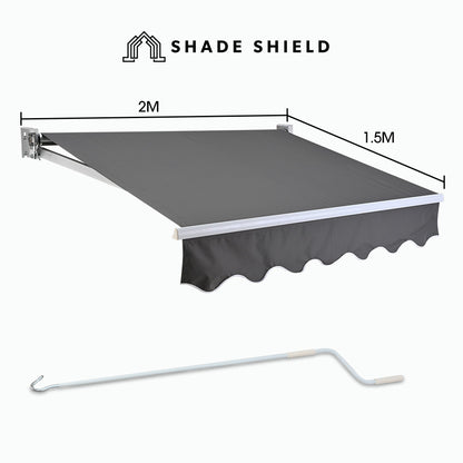 Retractable 2m x 1.5m Grey Awning, Powder Coated Aluminium Frame with Hand Crank