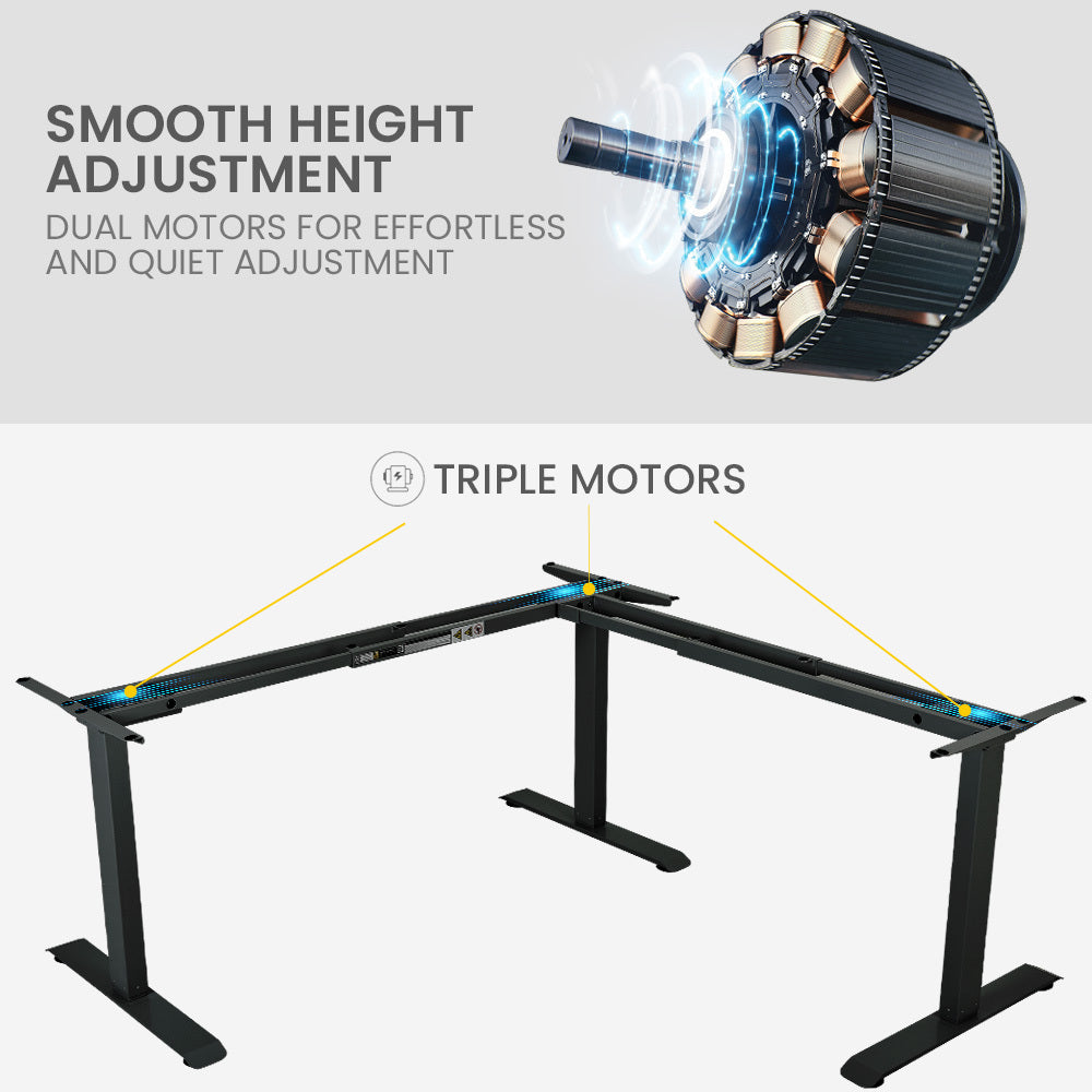 Electric Height Adjustable Corner Desk, 173cm x 173cm, 120kg Load, Triple Motor