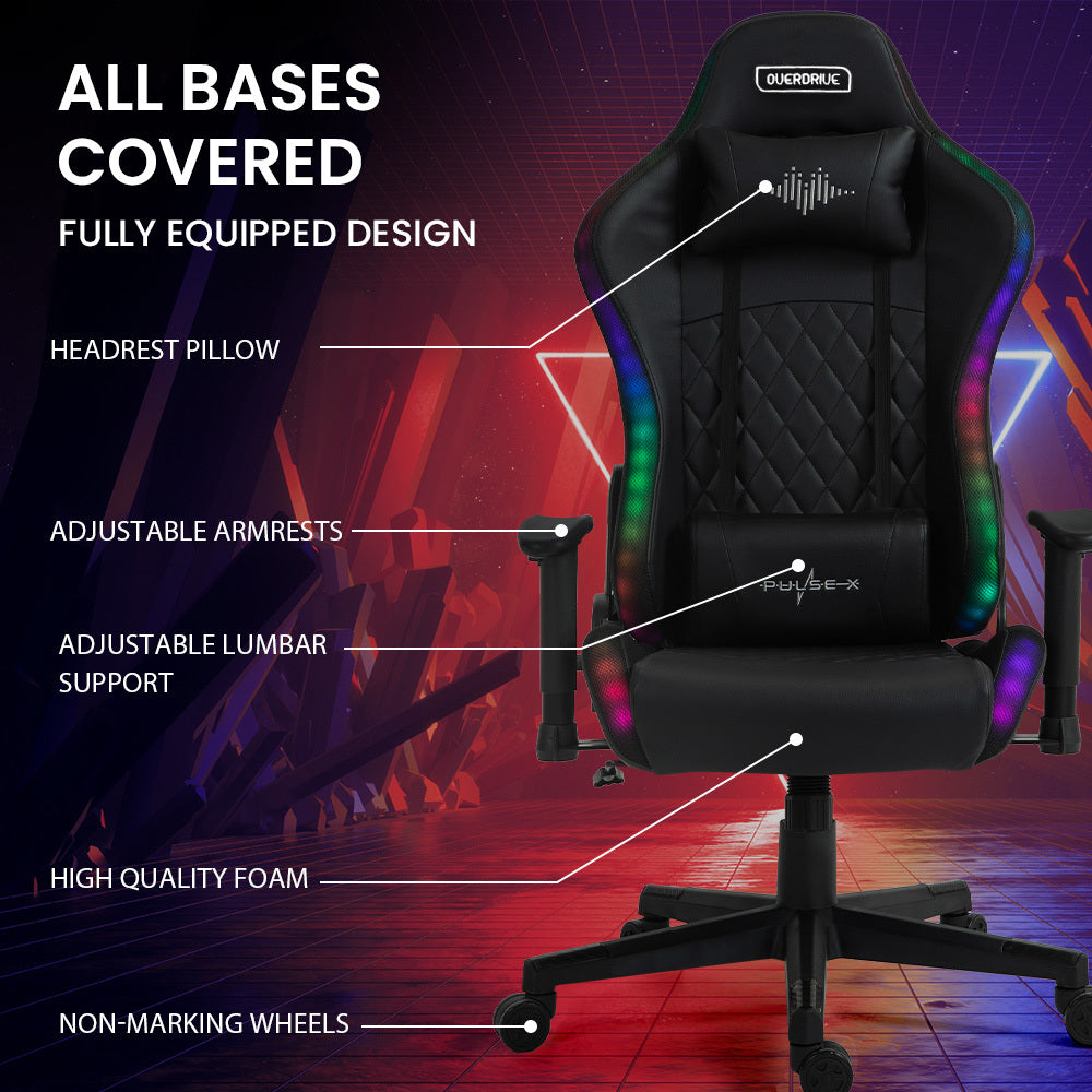 PulseX Gaming Chair with Bluetooth, RGB Lights, Reclining, Black, Adjustable
