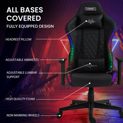 PulseX Gaming Chair with Bluetooth, RGB Lights, Reclining, Black, Adjustable