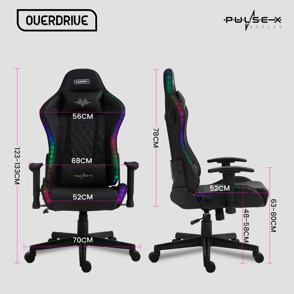 PulseX Gaming Chair with Bluetooth, RGB Lights, Reclining, Black, Adjustable