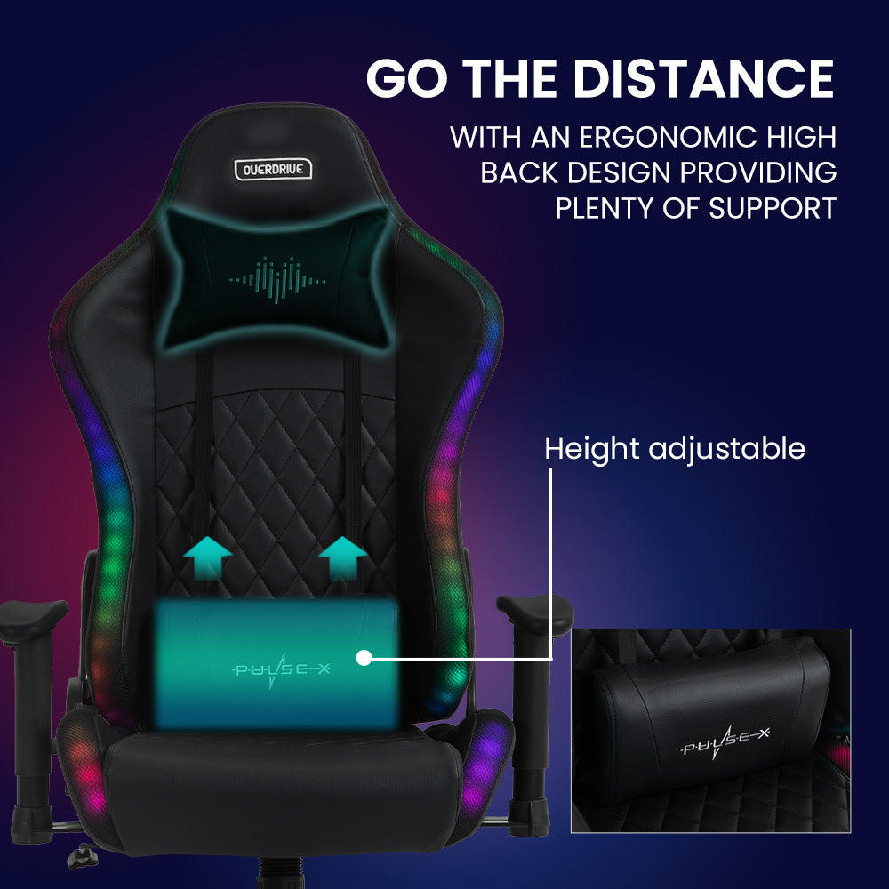 PulseX Gaming Chair with Bluetooth, RGB Lights, Reclining, Black, Adjustable