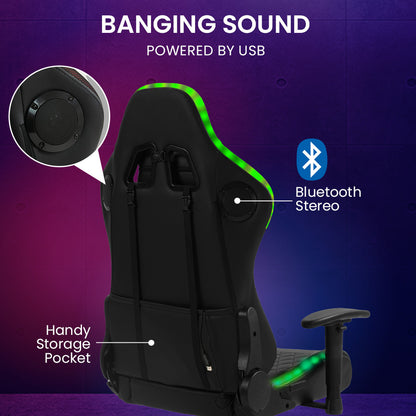 PulseX Gaming Chair with Bluetooth, RGB Lights, Reclining, Black, Adjustable