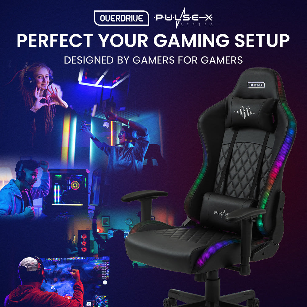 PulseX Gaming Chair with Bluetooth, RGB Lights, Reclining, Black, Adjustable