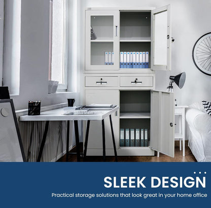 4-Door Steel Storage Cabinet with Display Windows and 2 Drawers, Grey