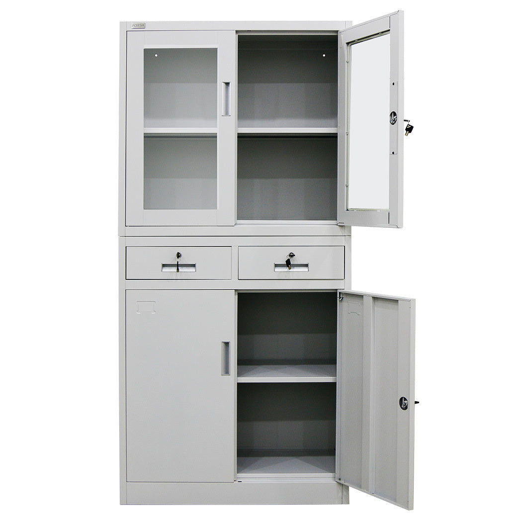 4-Door Steel Storage Cabinet with Display Windows and 2 Drawers, Grey