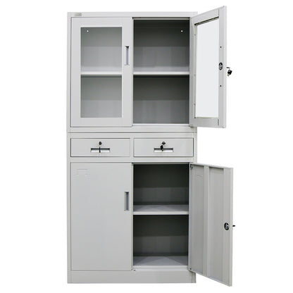 4-Door Steel Storage Cabinet with Display Windows and 2 Drawers, Grey