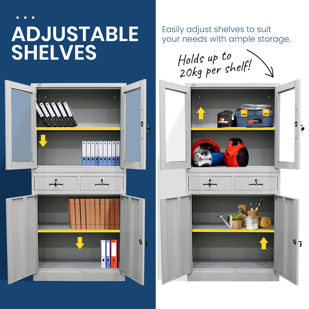 4-Door Steel Storage Cabinet with Display Windows and 2 Drawers, Grey