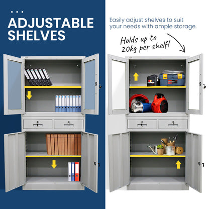4-Door Steel Storage Cabinet with Display Windows and 2 Drawers, Grey