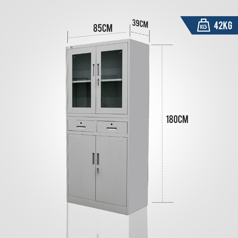 4-Door Steel Storage Cabinet with Display Windows and 2 Drawers, Grey