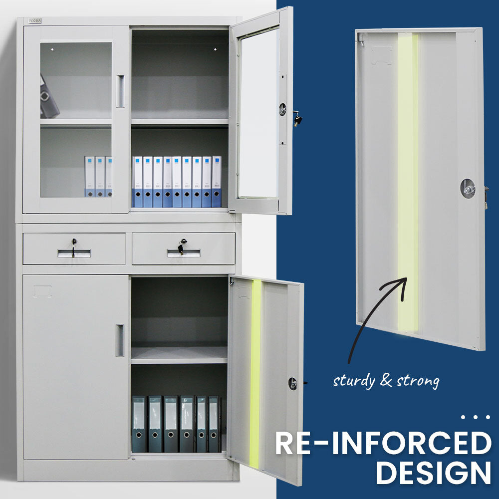 4-Door Steel Storage Cabinet with Display Windows and 2 Drawers, Grey