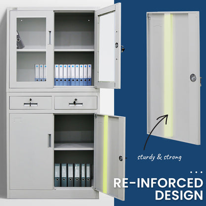 4-Door Steel Storage Cabinet with Display Windows and 2 Drawers, Grey