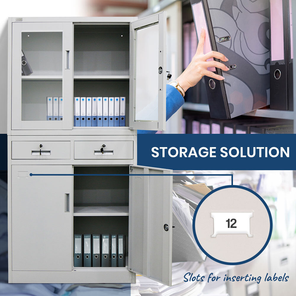 4-Door Steel Storage Cabinet with Display Windows and 2 Drawers, Grey