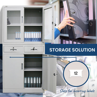 4-Door Steel Storage Cabinet with Display Windows and 2 Drawers, Grey