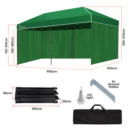 Compact 6x3m Portable Gazebo with Walls, Carry Bag, and LED Light - Green