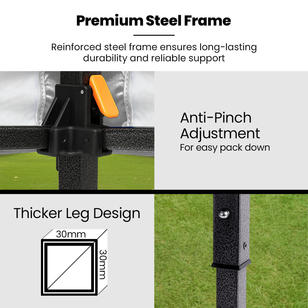 3x3m Premium Pop Up Gazebo Marquee, Patented Steel Cable Canopy Support System, Wheeled Carry Bag, Side Walls, UV Block, Reinforced Frame, Blue