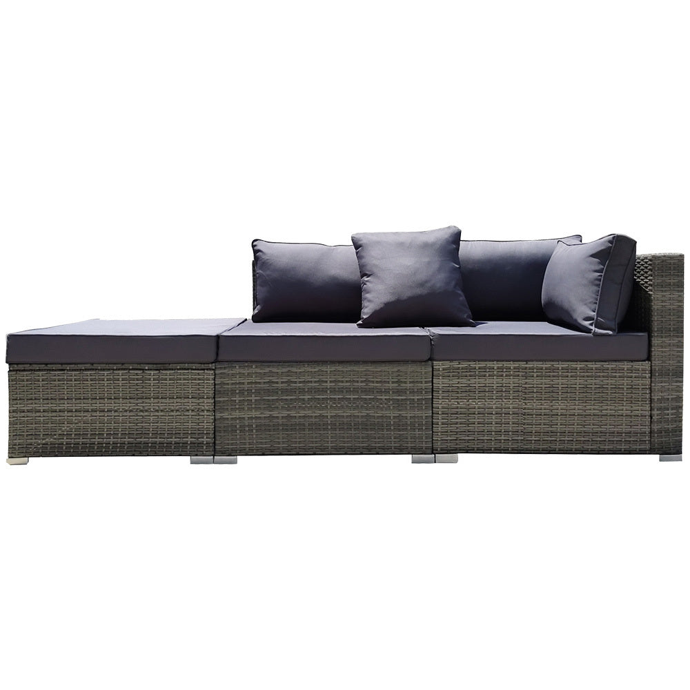 3-Seater Outdoor Modular Lounge Set with Ottoman, Grey - Rattan Wicker, UV-Resistant