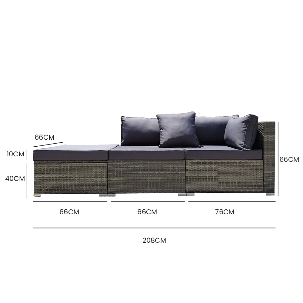 3-Seater Outdoor Modular Lounge Set with Ottoman, Grey - Rattan Wicker, UV-Resistant