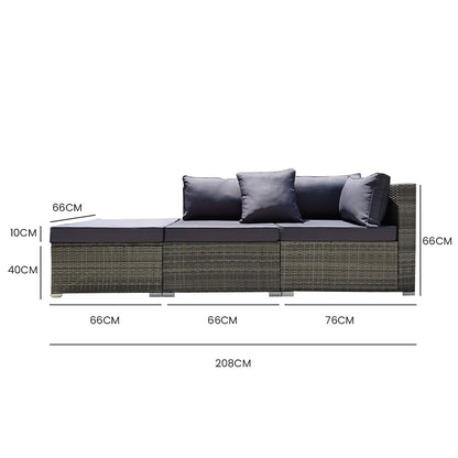 3-Seater Outdoor Modular Lounge Set with Ottoman, Grey - Rattan Wicker, UV-Resistant