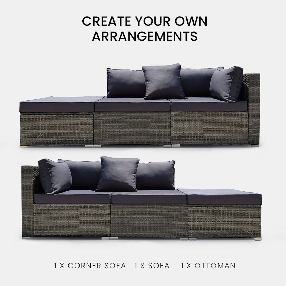 3-Seater Outdoor Modular Lounge Set with Ottoman, Grey - Rattan Wicker, UV-Resistant