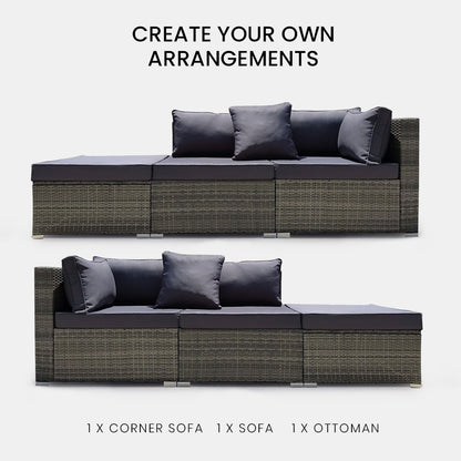 3-Seater Outdoor Modular Lounge Set with Ottoman, Grey - Rattan Wicker, UV-Resistant