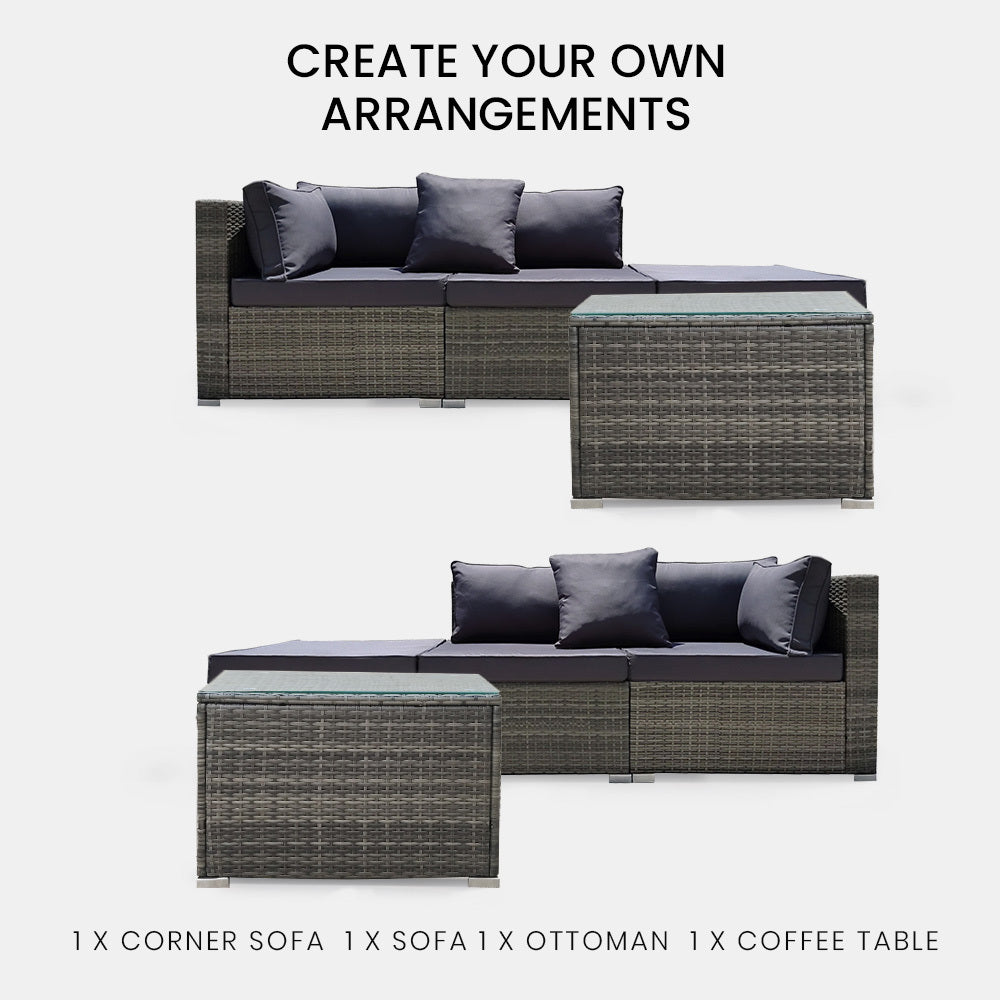 3-Seater Modular Outdoor Lounge Set with Coffee Table and Ottoman, Grey