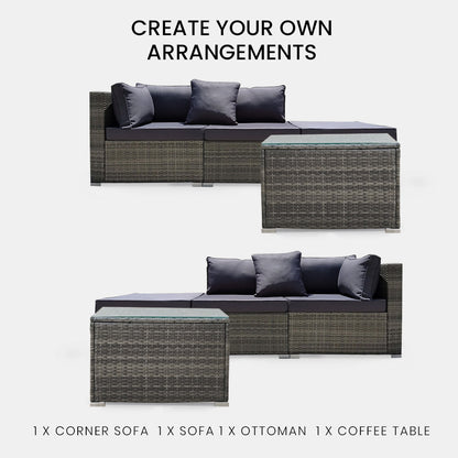 3-Seater Modular Outdoor Lounge Set with Coffee Table and Ottoman, Grey