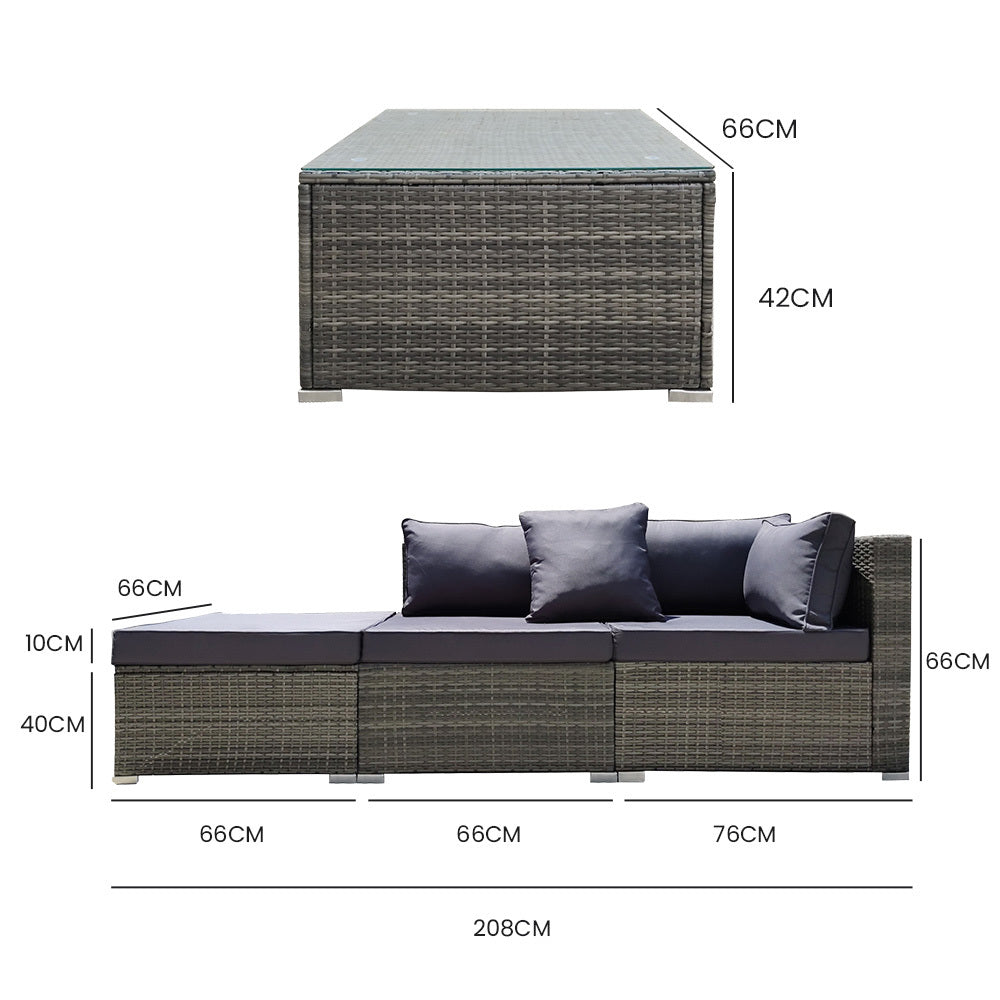 3-Seater Modular Outdoor Lounge Set with Coffee Table and Ottoman, Grey