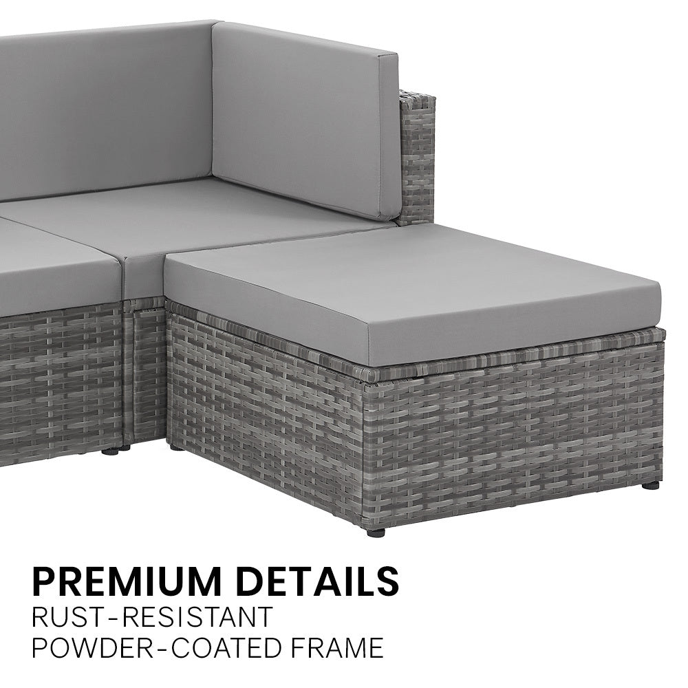 5-Piece Outdoor Lounge Set with Ottoman & Table, Modular Design, Grey