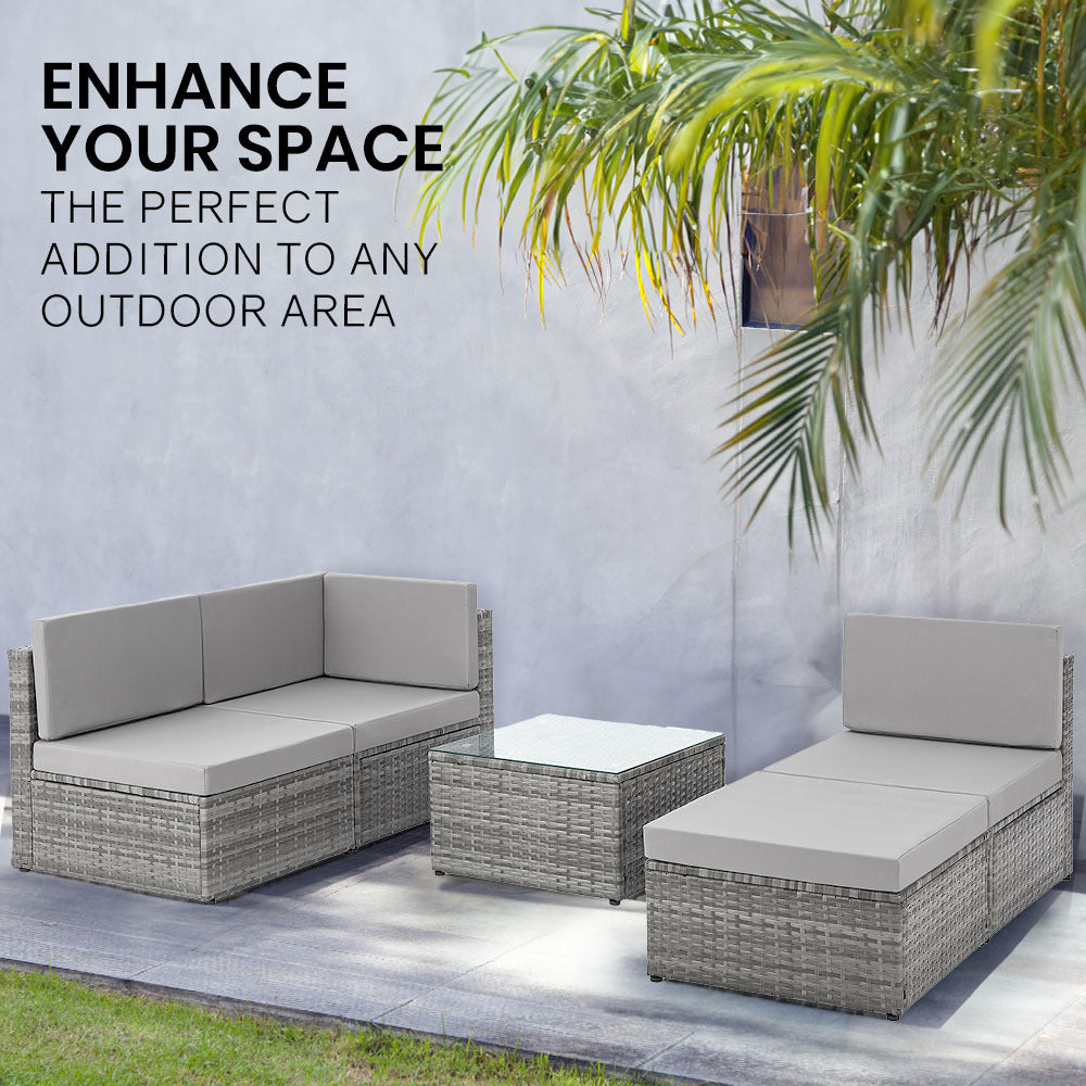 5-Piece Outdoor Lounge Set with Ottoman & Table, Modular Design, Grey